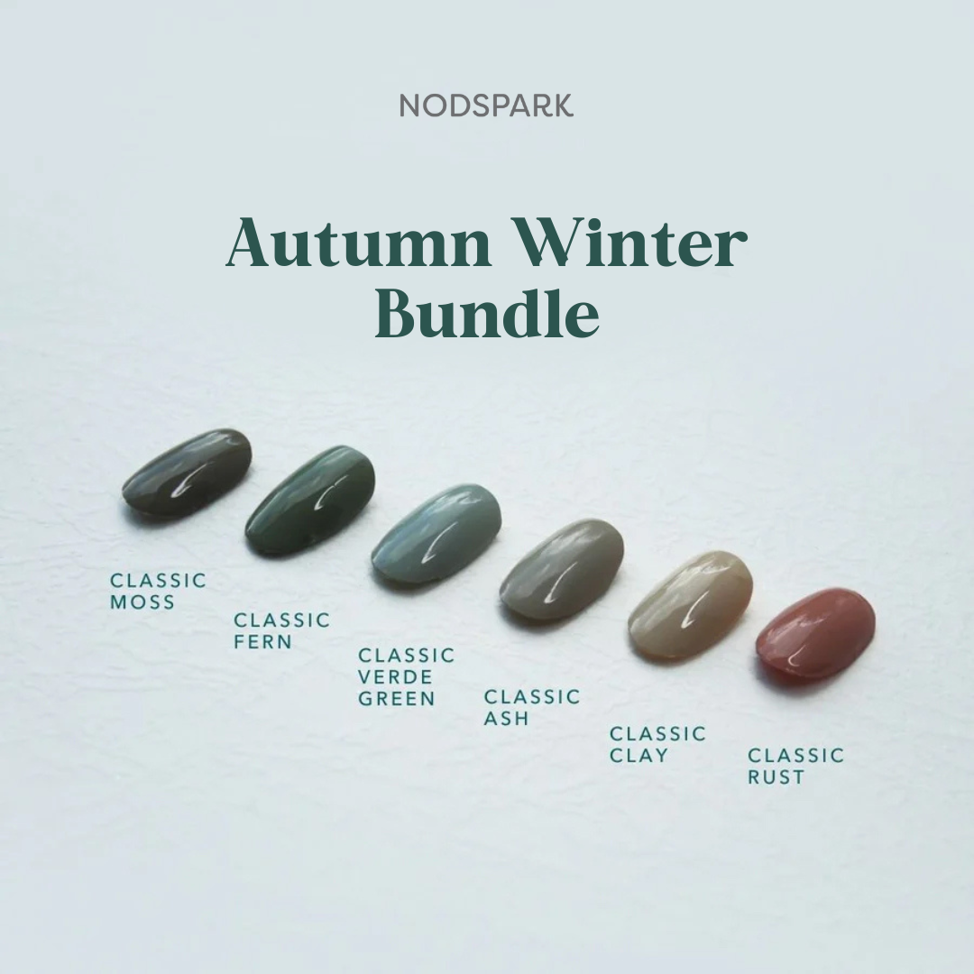 Six oval nail swatches in earthy autumn and winter tones displayed alongside color name labels.