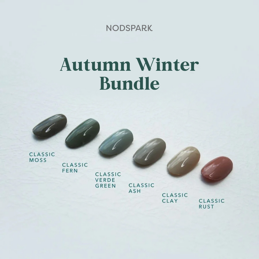 Six oval nail swatches in earthy autumn and winter tones displayed alongside color name labels.