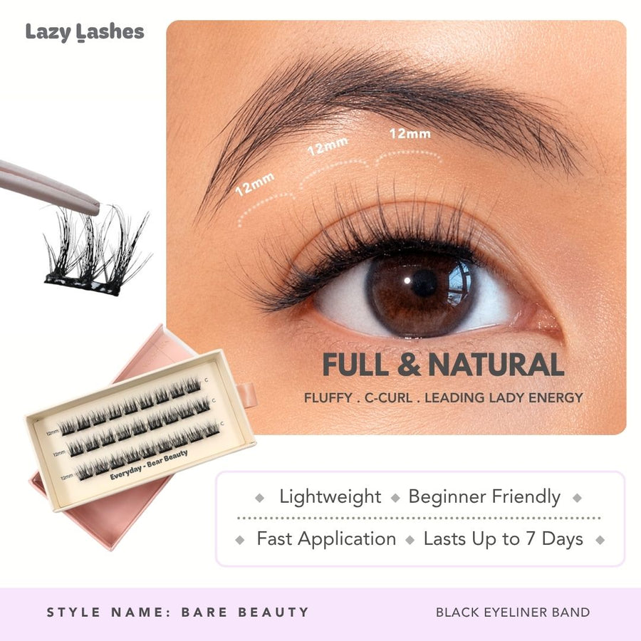 Lazy Lashes Bare Beauty DIY lash cluster set with black eyeliner band featuring close-up eye model, uniform 12mm length guide across the lid, and product packaging highlighting Full & Natural style.