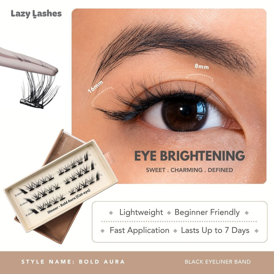 Lazy Lashes Bold Aura DIY lash cluster set with black eyeliner band featuring close-up eye model, length guide from 8mm to 16mm, and product packaging highlighting Eye Brightening style.