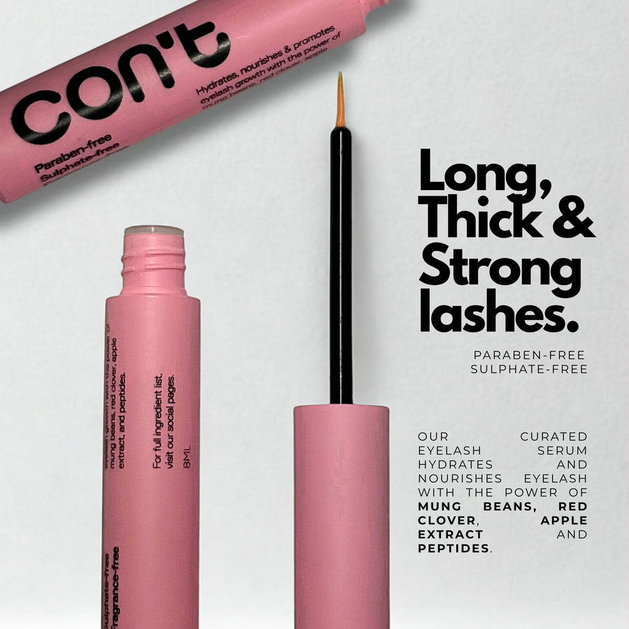 Pink tube and applicator bottle of CON'T Eyelash Serum alongside text highlighting "Long, Thick & Strong lashes" and serum benefits.