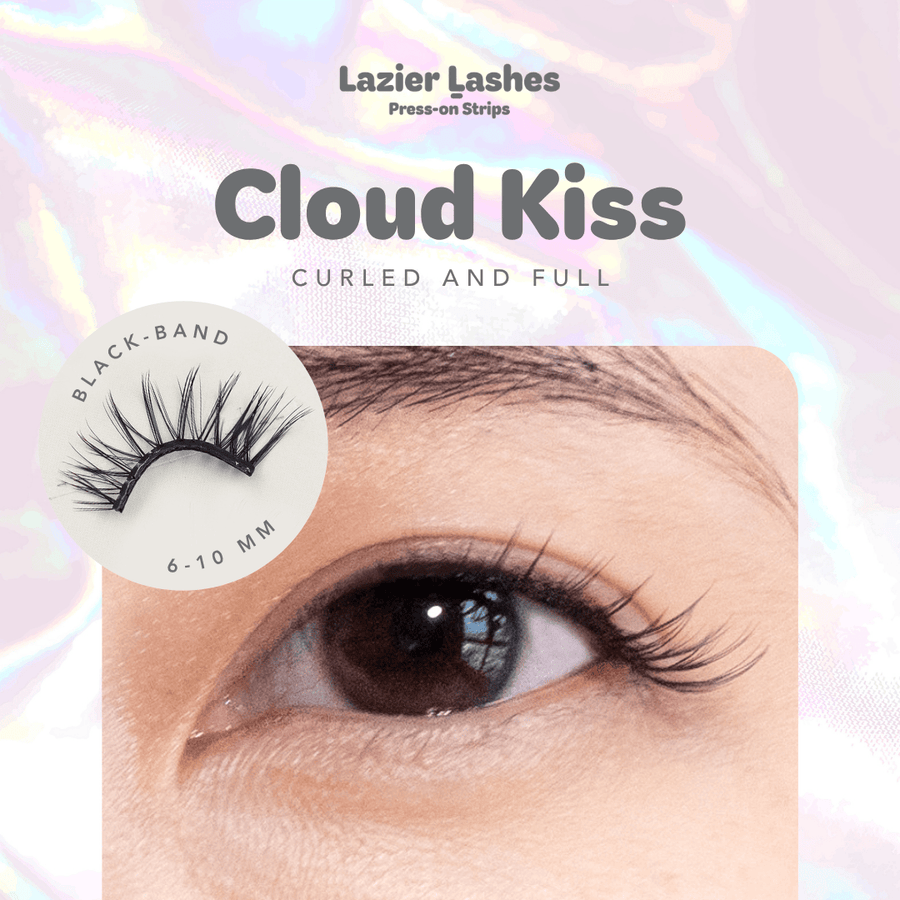 Nodspark Lazier Lashes Cloud Kiss black band press-on strips, featuring a full and curled lash style with 6–10mm lengths.