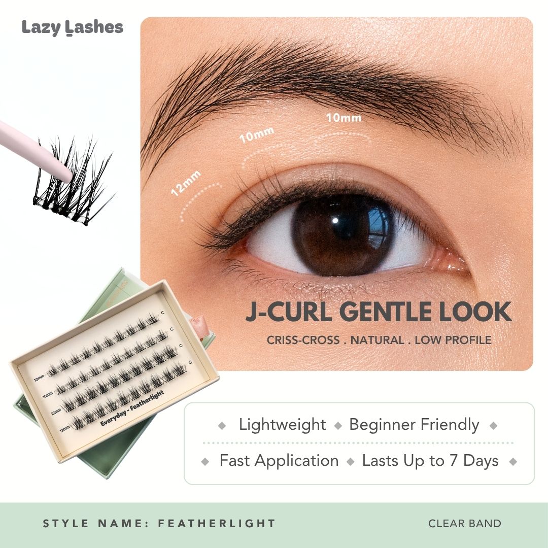 Lazy Lashes Featherlight DIY lash cluster set with clear band featuring close-up eye model, length guide from 10mm to 12mm, and product packaging highlighting J-Curl Gentle Look style.