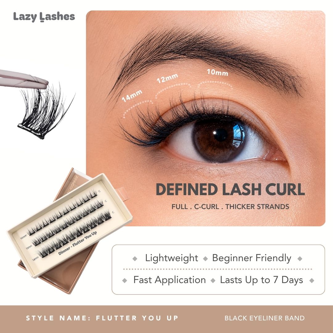 Lazy Lashes Flutter You Up DIY lash cluster set with black eyeliner band featuring close-up eye model, length guide from 10mm to 14mm, and product packaging highlighting Defined Lash Curl style.