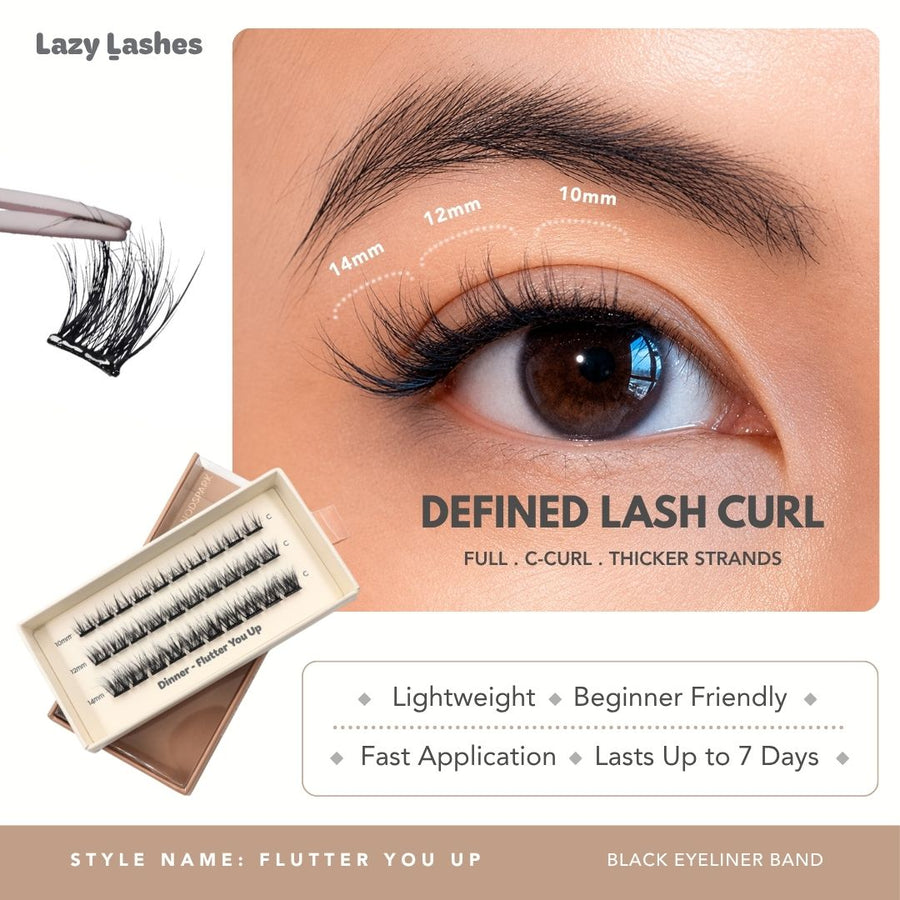 Lazy Lashes Flutter You Up DIY lash cluster set with black eyeliner band featuring close-up eye model, length guide from 10mm to 14mm, and product packaging highlighting Defined Lash Curl style.