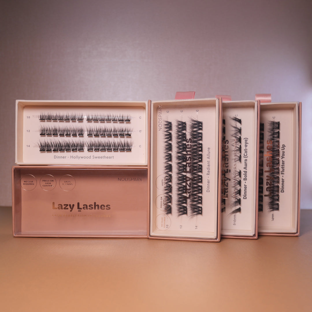 Full Glam Squad Lazy Lashes Bundle featuring four Dinner series black band cluster lash boxes.