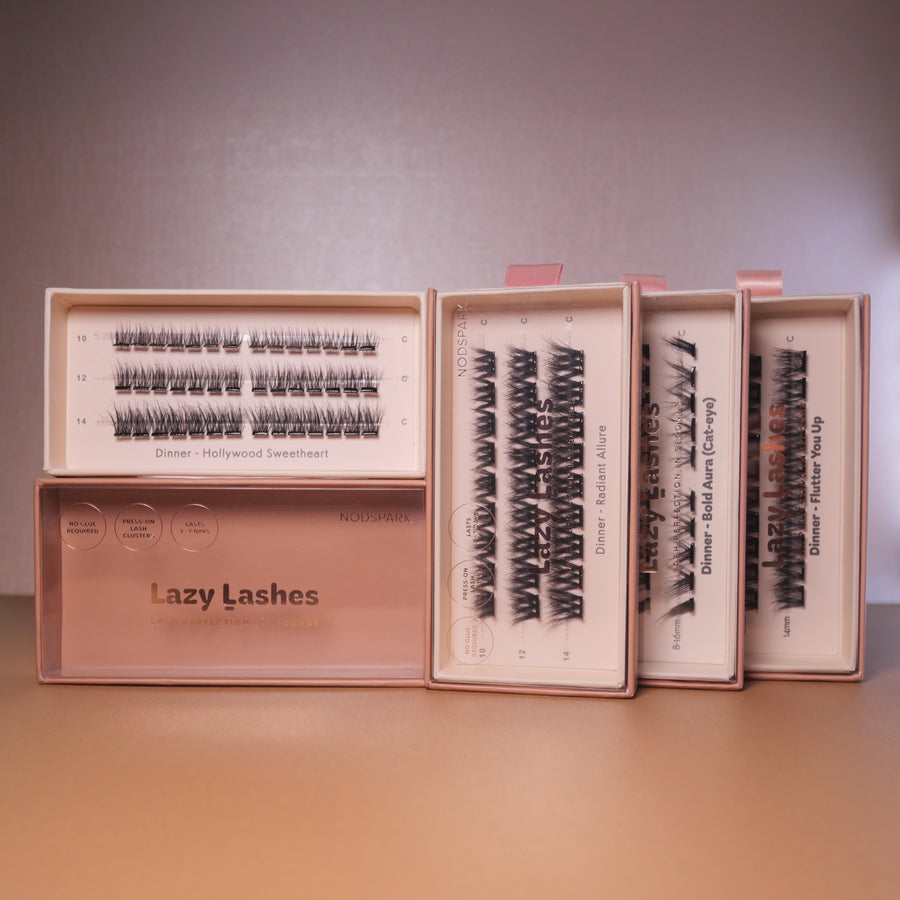 Full Glam Squad Lazy Lashes Bundle featuring four Dinner series black band cluster lash boxes.