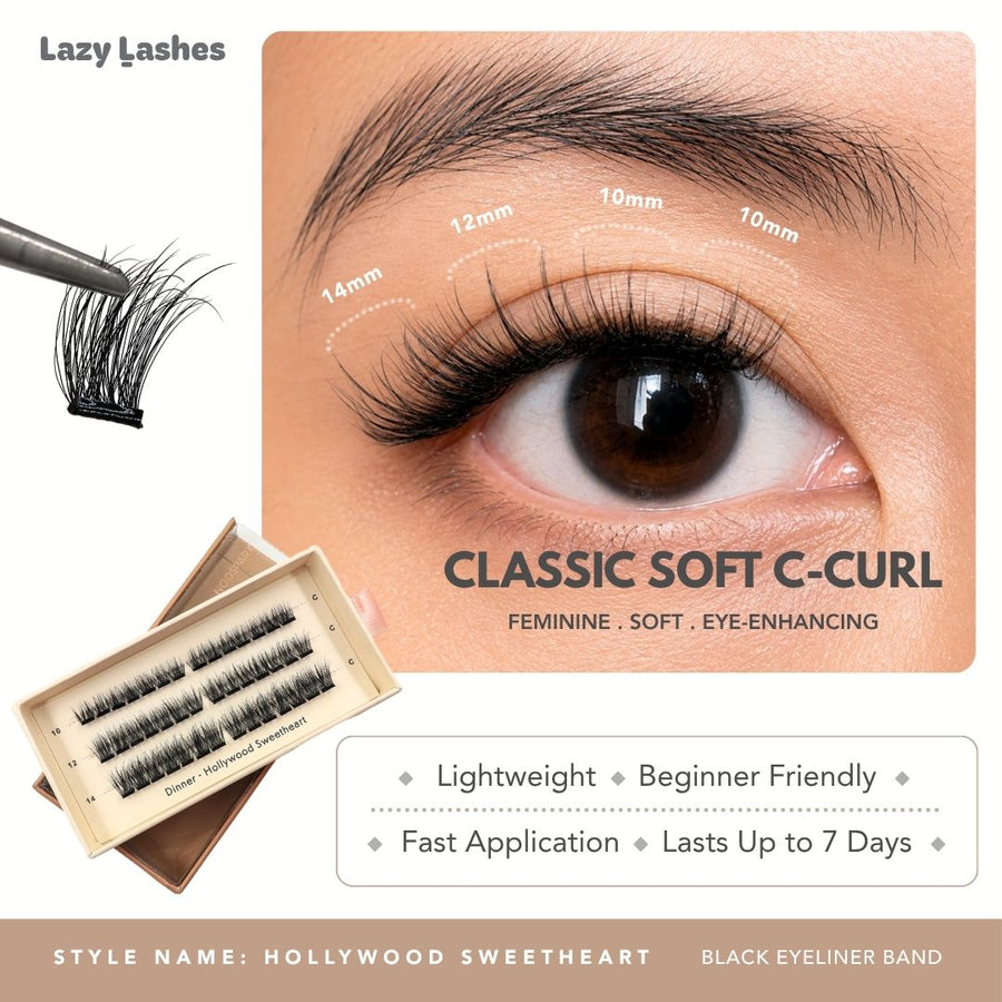 Lazy Lashes Hollywood Sweetheart DIY lash cluster set with black eyeliner band featuring close-up eye model, length guide from 10mm to 14mm, and product packaging highlighting Classic Soft C-Curl style.