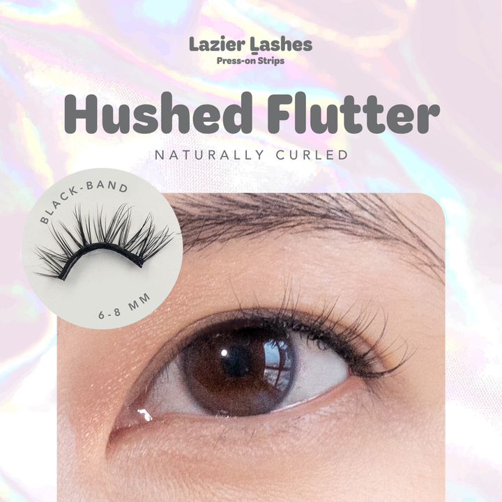 Nodspark Lazier Lashes Hushed Flutter black band press-on strips, featuring a naturally curled lash style with 6–8mm lengths.