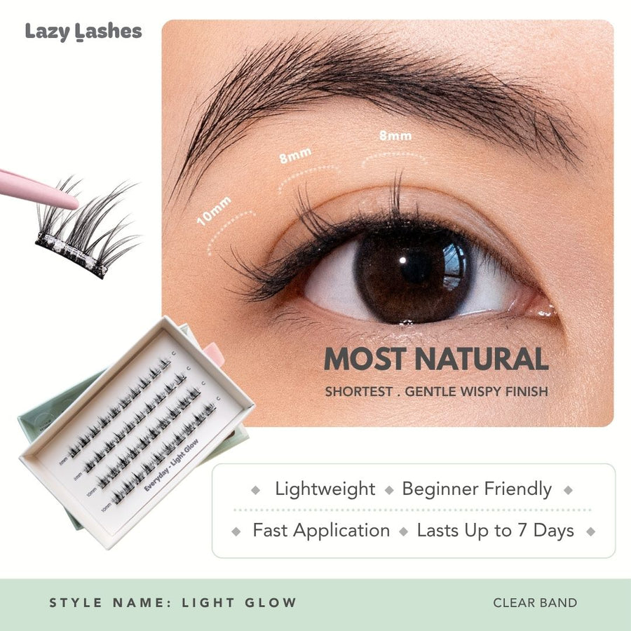 Lazy Lashes Light Glow DIY lash cluster set with clear band featuring close-up eye model, length guide from 8mm to 10mm, and product packaging highlighting Most Natural style.