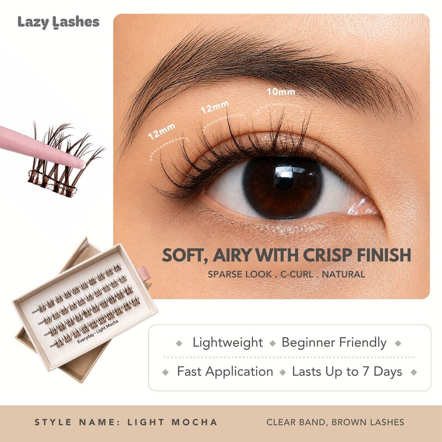 Lazy Lashes Light Mocha DIY lash cluster set with clear band and brown lashes featuring close-up eye model, length guide from 10mm to 12mm, and product packaging highlighting Soft, Airy with Crisp Finish style.