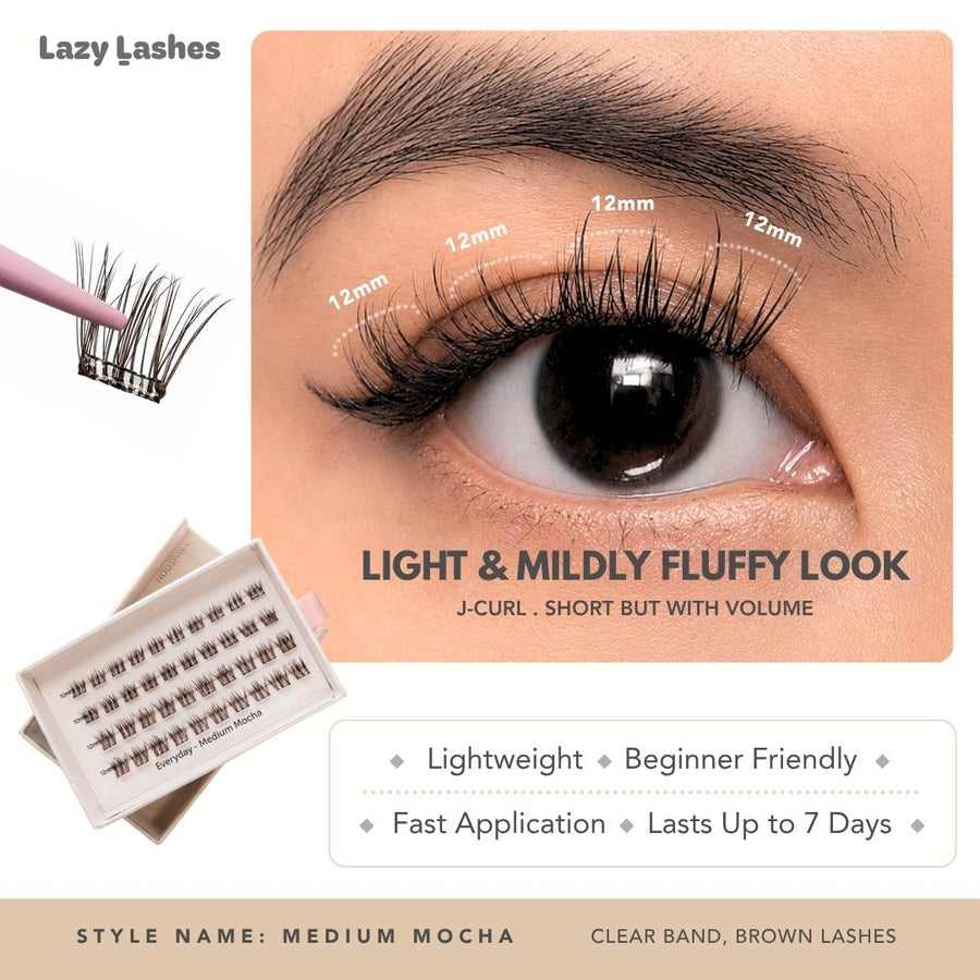 Lazy Lashes Medium Mocha DIY brown lash cluster set with clear band featuring close-up eye model, 12mm length guide segments, and product packaging highlighting Light & Mildly Fluffy Look style.