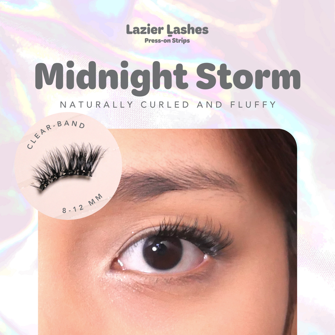 Nodspark Lazier Lashes Midnight Storm clear band press-on strips, featuring a naturally curled and fluffy lash style with 8–12mm lengths.