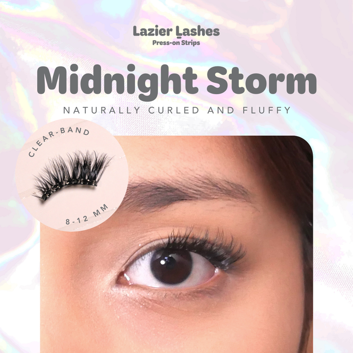Nodspark Lazier Lashes Midnight Storm clear band press-on strips, featuring a naturally curled and fluffy lash style with 8–12mm lengths.