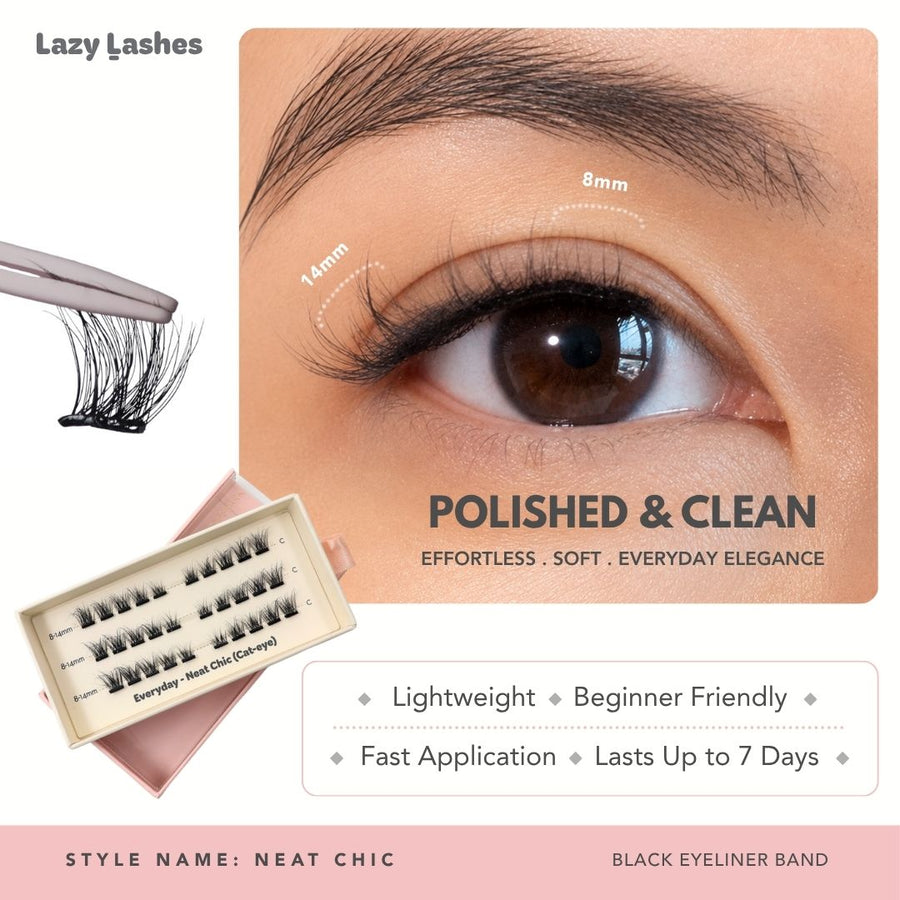 Lazy Lashes Neat Chic DIY lash cluster set with black eyeliner band featuring close-up eye model, length chart from 8mm to 14mm, and product packaging labeled Lightweight, Beginner Friendly, Fast Application, Lasts Up to 7 Days.