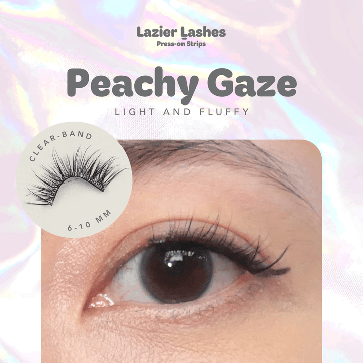 Nodspark Lazier Lashes Peachy Gaze clear band press-on strips, featuring a light and fluffy lash style with 6–10mm lengths.