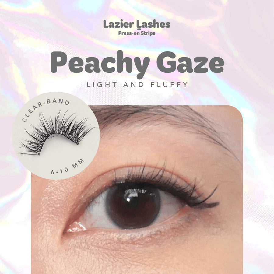 Nodspark Lazier Lashes Peachy Gaze clear band press-on strips, featuring a light and fluffy lash style with 6–10mm lengths.