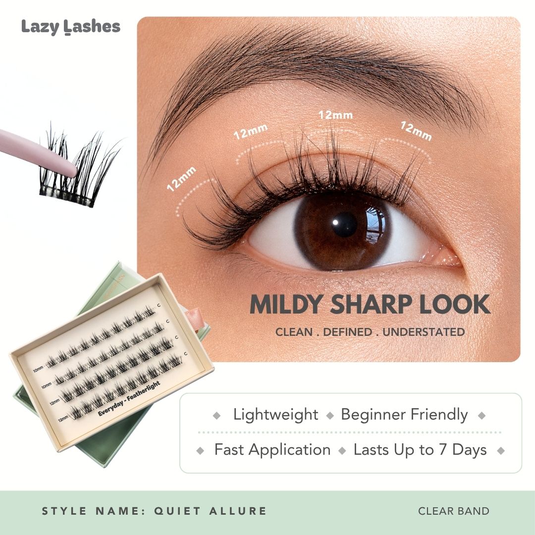 Lazy Lashes Quiet Allure DIY lash cluster set with clear band featuring close-up eye model, length guide with 12mm segments, and product packaging highlighting Mildy Sharp Look style.