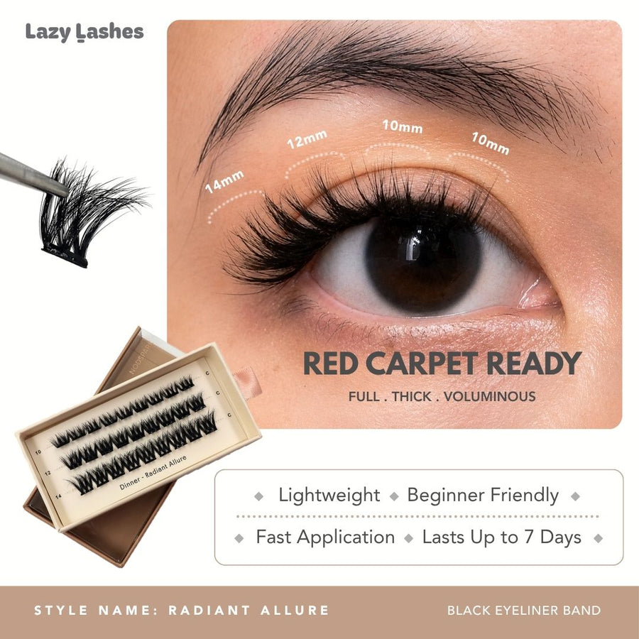 Lazy Lashes Radiant Allure DIY lash cluster set with black eyeliner band featuring close-up eye model, length guide from 10mm to 14mm, and product packaging highlighting Red Carpet Ready style.