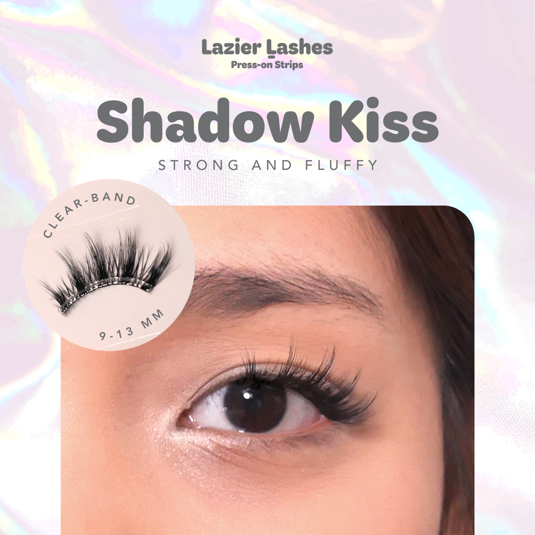 Nodspark Lazier Lashes Shadow Kiss clear band press-on strips, featuring a strong and fluffy lash style with 9–13mm lengths.