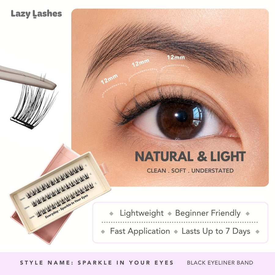 Lazy Lashes Sparkle In Your Eyes DIY lash cluster set with black eyeliner band featuring close-up eye model, 12mm length guide, and product packaging highlighting Natural & Light style.