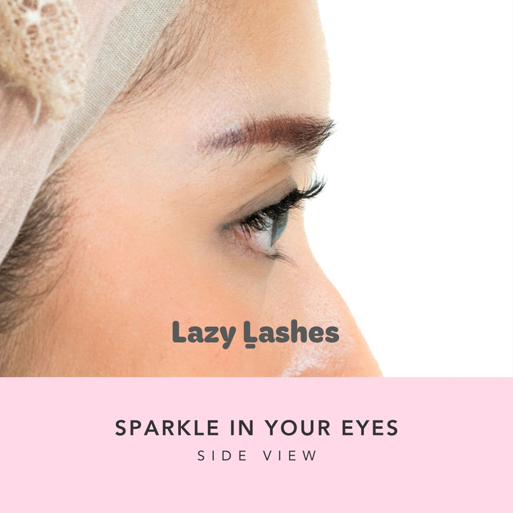Close-up of a person's eye with 'Lazy Lashes' text overlay on a white background