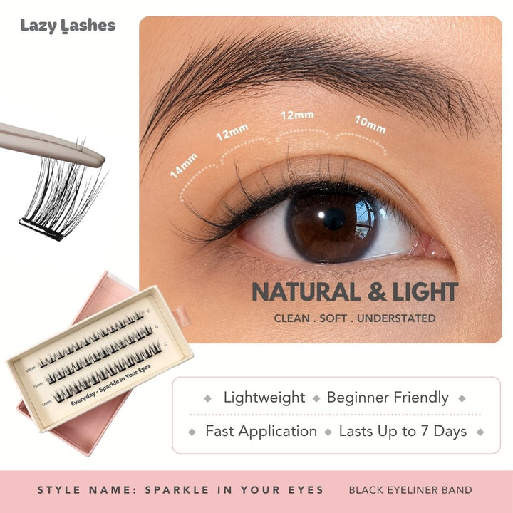 Lazy Lashes Sparkle In Your Eyes DIY lash cluster set with black eyeliner band featuring close-up eye model, length guide from 10mm to 14mm, and product packaging highlighting Natural & Light style.