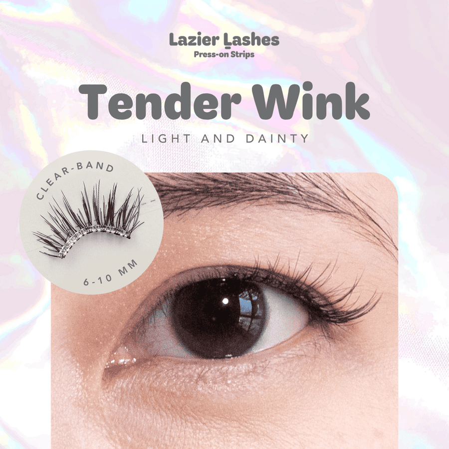 Nodspark Lazier Lashes Tender Wink clear band press-on strips, featuring a light and dainty lash style with 6–10mm lengths.