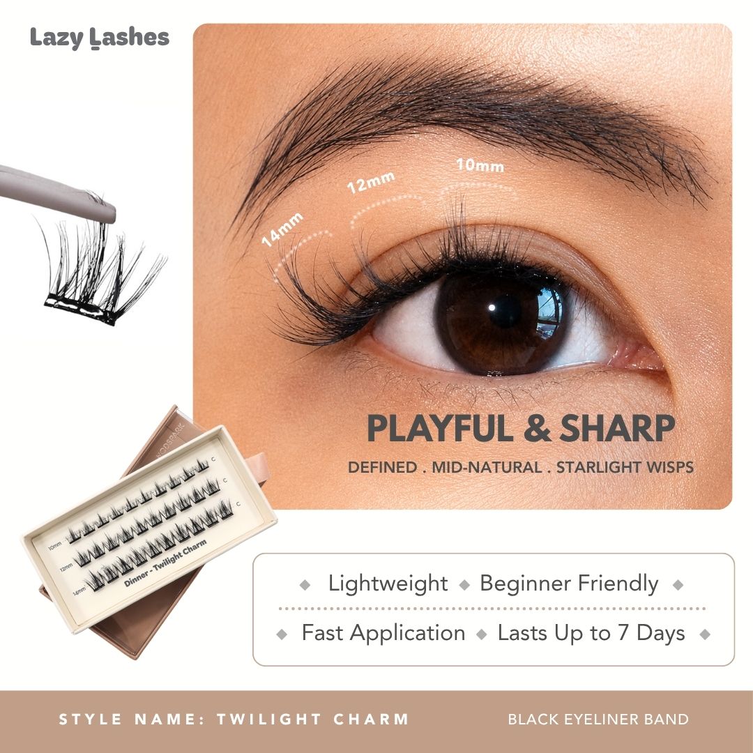 Lazy Lashes Twilight Charm DIY lash cluster set with black eyeliner band featuring close-up eye model, length guide from 10mm to 14mm, and product packaging highlighting Playful & Sharp style.