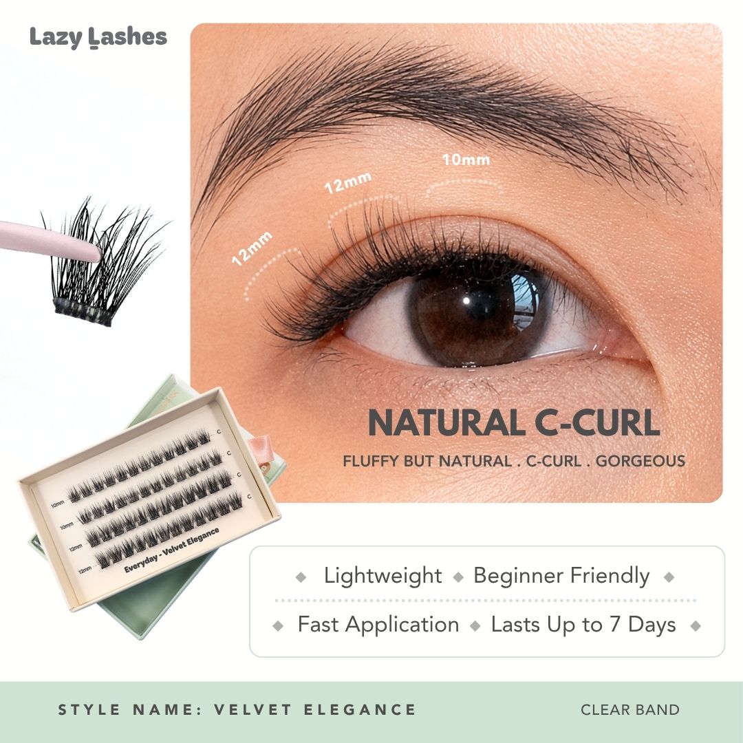 Lazy Lashes Velvet Elegance DIY lash cluster set with clear band featuring close-up eye model, length guide from 10mm to 12mm, and product packaging highlighting Natural C-Curl style.