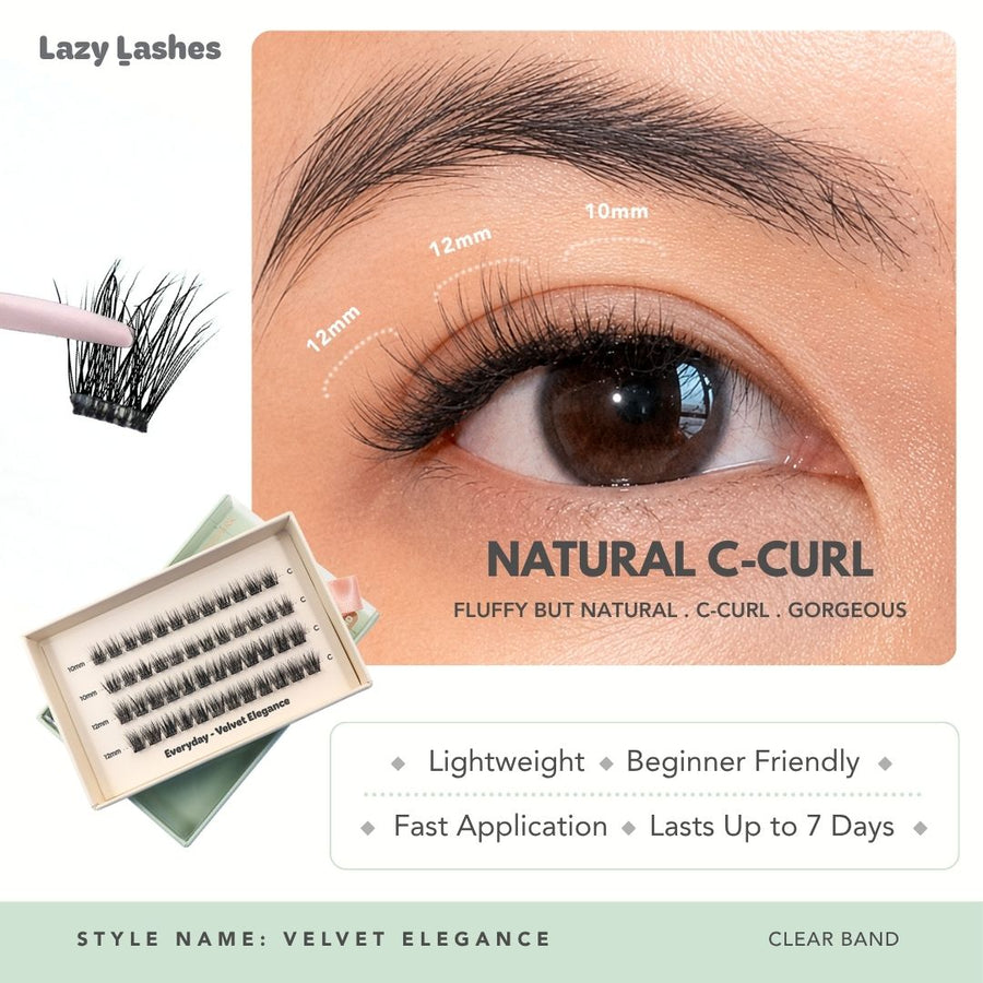 Lazy Lashes Velvet Elegance DIY lash cluster set with clear band featuring close-up eye model, length guide from 10mm to 12mm, and product packaging highlighting Natural C-Curl style.
