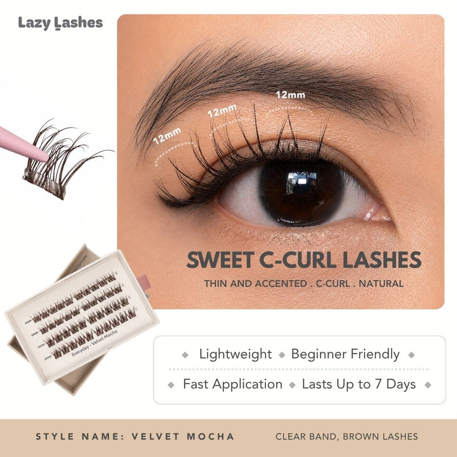 Lazy Lashes Medium Mocha DIY brown lash cluster set with clear band featuring close-up eye model, 12mm length guide segments, and product packaging highlighting Light & Mildly Fluffy Look style.