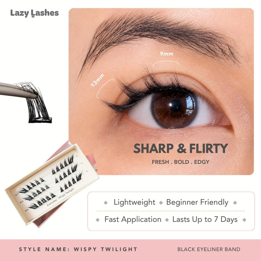 Lazy Lashes Wispy Twilight DIY lash cluster set with black eyeliner band featuring close-up eye model, length guide from 9mm to 13mm, and product packaging highlighting Sharp & Flirty style.