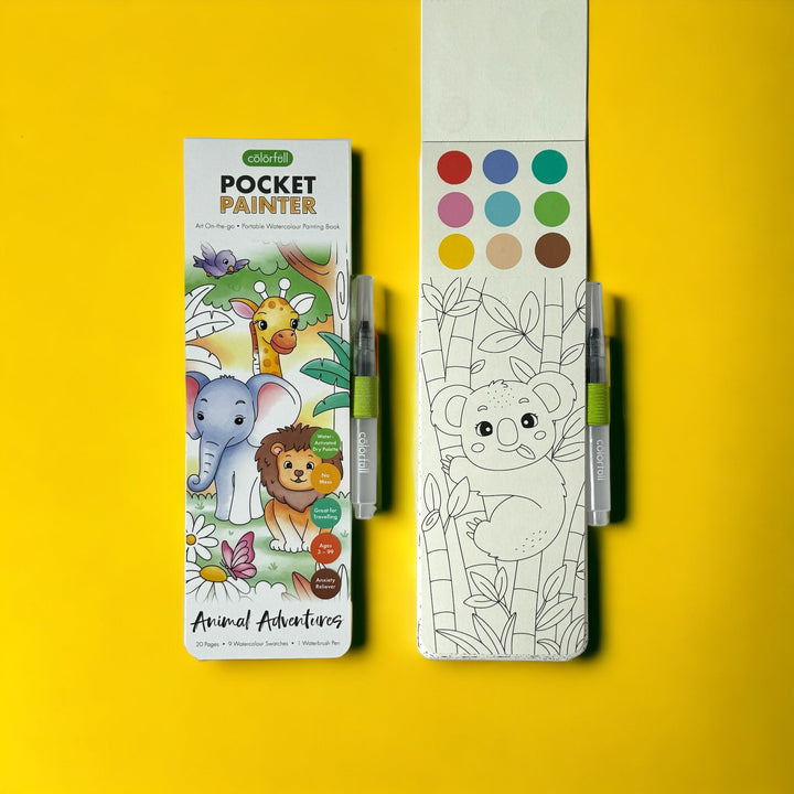Animal Adventures pocket painter watercolor painting booklet shown alongside paint palette cards and a brush on a bright yellow backdrop.