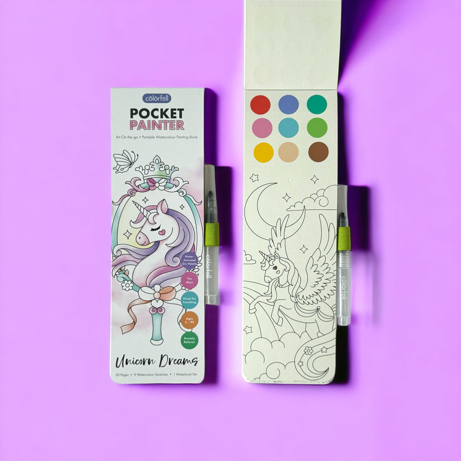 Unicorn Dreams pocket painter watercolor painting booklet with paint palette sheets set against a vibrant purple backdrop.